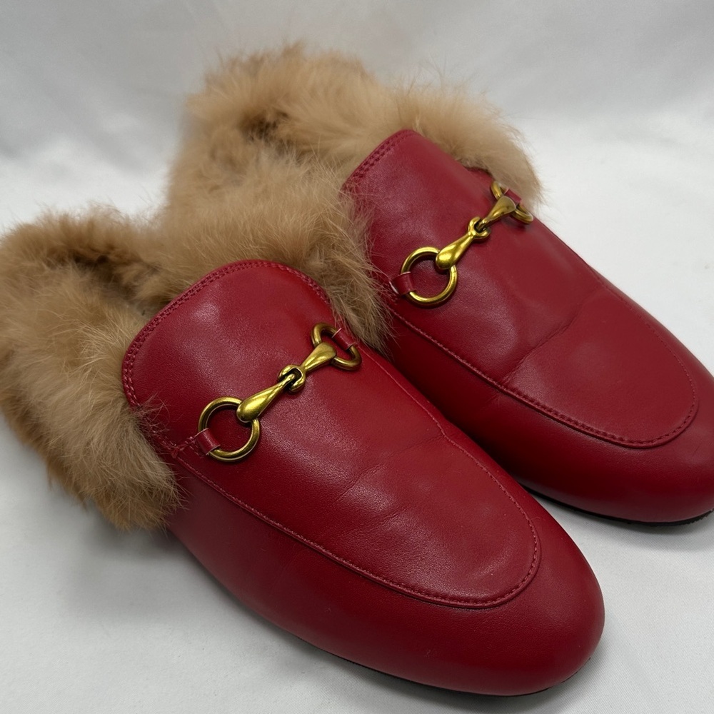 Vertundy Luxurious Red Leather Genuine Fur-Lined Women's Loafers Mules